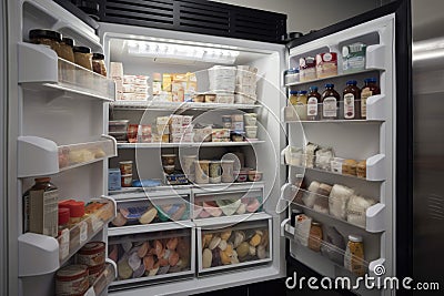 close-up of walk-in refrigerator door, with products and signage visible Stock Photo