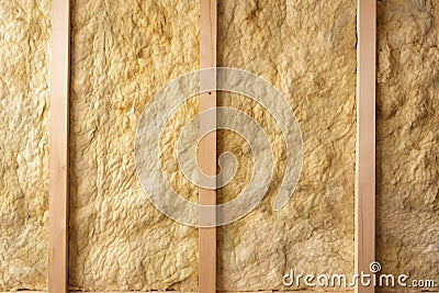 Close up of wall with mineral wool isolation between wooden beams Stock Photo