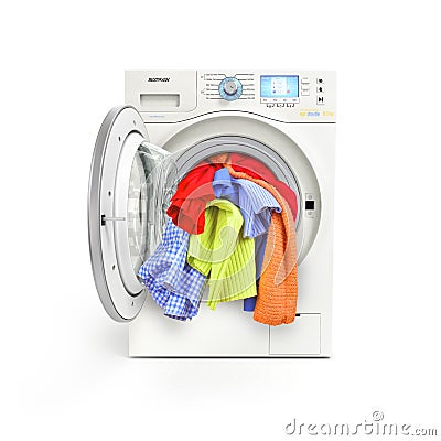 A close up of a washing machine loaded with clothes Stock Photo