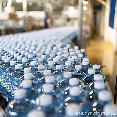 Close-up of water bottles on conveyor belt in industry, selective focus. Stock Photo