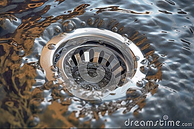 Water drain in the washbasin. The flow of water into the sewer in the bath. Stainless steel sink plug hole. Generative AI Stock Photo