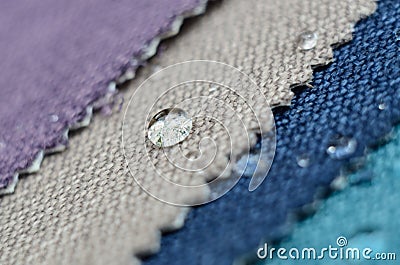 Close up water drop on gunny textile samples. Concept for easy clean, waterproof surfaces Stock Photo