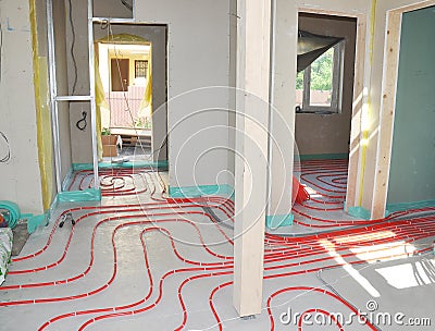 Close up on Water underfloor heating systems installation Stock Photo