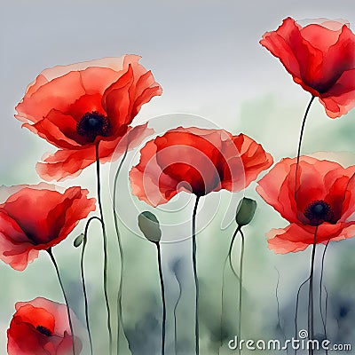 Close up of watercolor variegated red poppy corollas on their stems, with a blue light and light green-grey gradient background Stock Photo