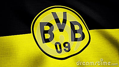 Close-up of waving flag with FC Borussia Dortmund football club logo, seamless loop. Editorial animation Editorial Stock Photo