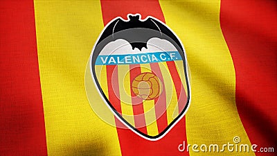 Close-up of waving flag with FC Valencia football club logo, seamless loop. Editorial animation Editorial Stock Photo