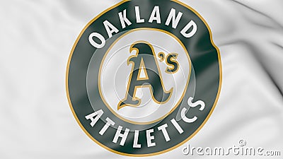 Close-up of waving flag with Oakland Athletics MLB baseball team logo, 3D rendering Editorial Stock Photo