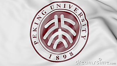 Close-up of waving flag with Peking University emblem 3D rendering Editorial Stock Photo