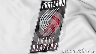 Close-up of waving flag with Portland Trail Blazers NBA basketball team logo, 3D rendering Editorial Stock Photo