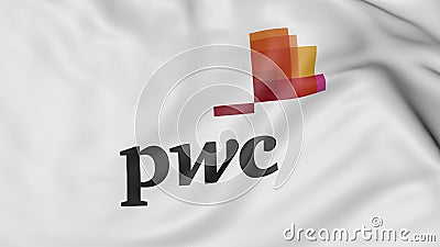 Close up of waving flag with PricewaterhouseCoopers PwC logo, 3D rendering Editorial Stock Photo