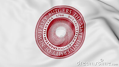 Close-up of waving flag with Rutgers State University emblem 3D rendering Editorial Stock Photo
