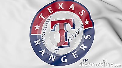 Close-up of waving flag with Texas Rangers MLB baseball team logo, 3D rendering Editorial Stock Photo