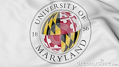 Close-up of waving flag with University of Maryland College Park emblem 3D rendering Editorial Stock Photo