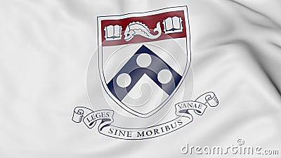 Close-up of waving flag with University of Pennsylvania emblem 3D rendering Editorial Stock Photo