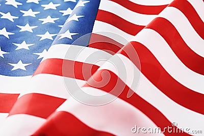 Close up of waving national usa american flag as a background. Concept of Memorial or Independence Day or 4th of July Stock Photo