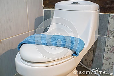 Welcome blue bath mat on toilet bowl in hotel resort Stock Photo