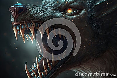 close-up of werewolf's fangs, dripping with saliva Stock Photo