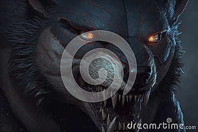 close-up of werewolf's sharp teeth and bloodthirsty eyes Stock Photo