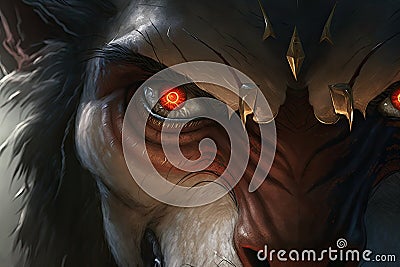 close-up of werewolf's sharp teeth and bloodthirsty eyes Stock Photo