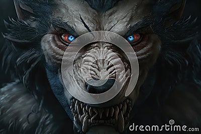 close-up of werewolf's terrifying face, with sharp teeth and piercing eyes Stock Photo