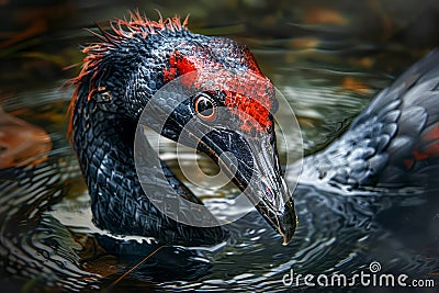 Close up of a Western Grebe Bird with Vibrant Red Eyes and Black Plumage Swimming in a Pond Stock Photo