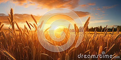 Close-up of wheat ears against a wheat field at sunset - AI Generated Stock Photo