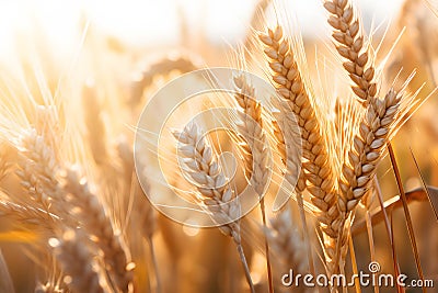 Close up of golden wheat grain in sunny field Stock Photo