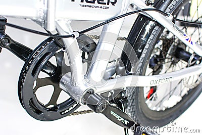 Close up wheel and chain of mountain biking. Landscape view of disc break system and front Derailleur of moutain bike. Editorial Stock Photo