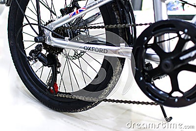 Close up wheel and chain of mountain biking. Landscape view of disc break system and front Derailleur of moutain bike. Editorial Stock Photo