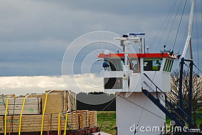 Close up of wheel house on cargo ship. Editorial Stock Photo