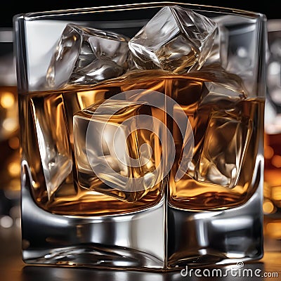 A close-up of a whiskey glass with a single large ice cube1 Stock Photo