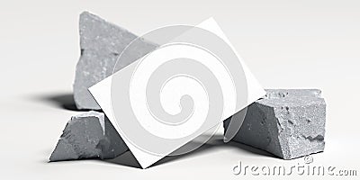 Close up of white blank business card near broken concrete , 3d rendering. Empty space. Copy space. Stock Photo