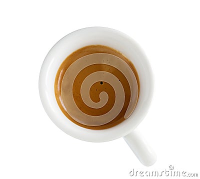 The close-up of white coffee cup with espresso, isolated on white background. Top view Stock Photo