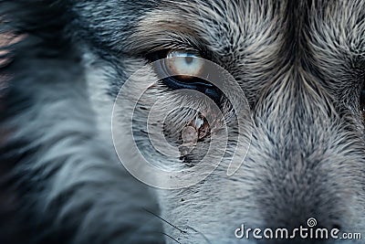Close-up of a white-eyed blue-eyed wolf staring at the camera Stock Photo