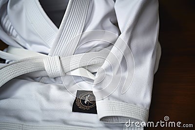 close-up of a white judo uniform gi with a black belt on a mat Stock Photo