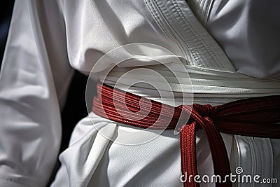 close-up of a white karate belt tied around a gi Stock Photo