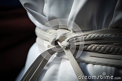 close-up of a white karate belt tied around a gi Stock Photo