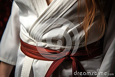 close-up of a white karate belt tied around a gi Stock Photo