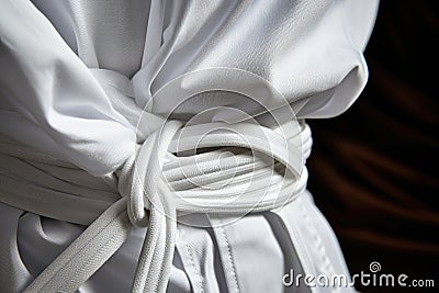 close-up of a white karate belt tied around a gi Stock Photo