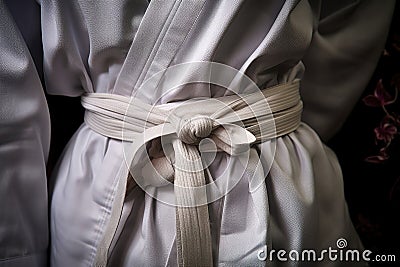 close-up of a white karate belt tied around a gi Stock Photo