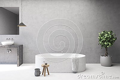 Concrete bathroom interior, tub Stock Photo