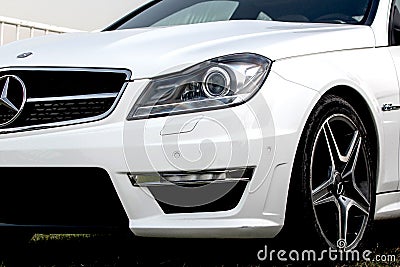 Close up of white Mercedes Benz C63 AMG Editorial Stock Photo