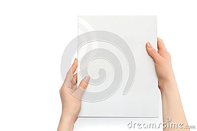 close-up of a white paper template in hands on a white background. Your book design layout. Stock Photo