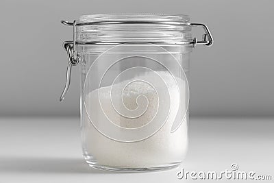 close up of white sugar glass jar on table Stock Photo