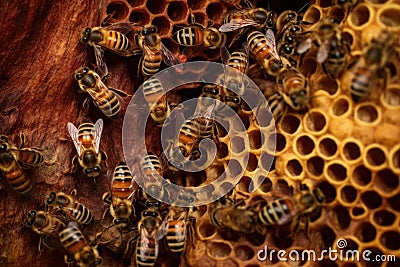 close-up of wild bees on honeycomb in tree hollow Stock Photo