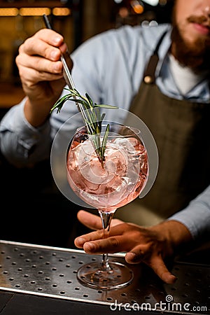 close-up of wine glass of cold drink which hand of bartender gently decorate by rosemary branch Stock Photo