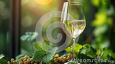 Close-up of wine glass and single grape leaf Stock Photo