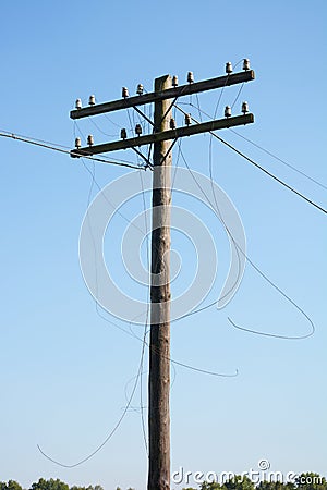 Close up on wire breakage after hurricane. Broken power line. Stock Photo
