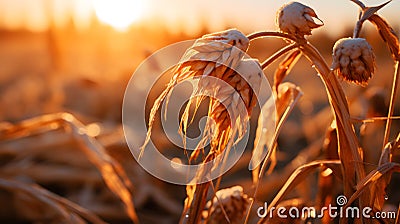 A close-up of a withered crop under a merciless sun, illustrating the vulnerability of agriculture to extreme weather patterns Stock Photo