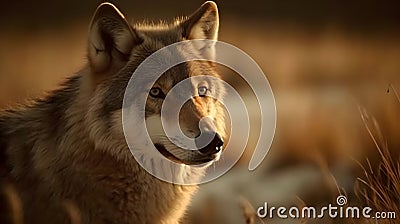 Close up of wolf face stare and observe in the meadow nature background Stock Photo